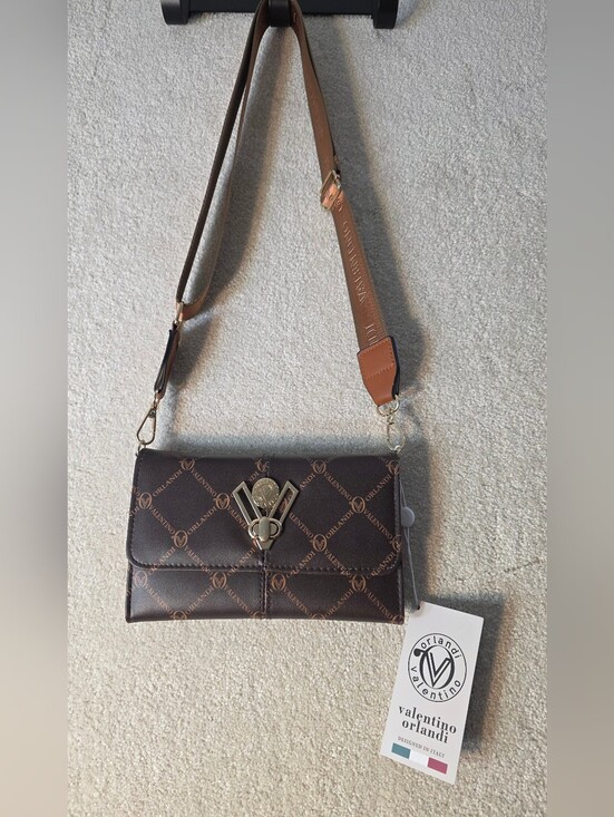 Valentino Orlandi Handbags - Valentino Orlandi Vegan Leather Logo Crossbody Bag Wallet Gold Accents OS NWT